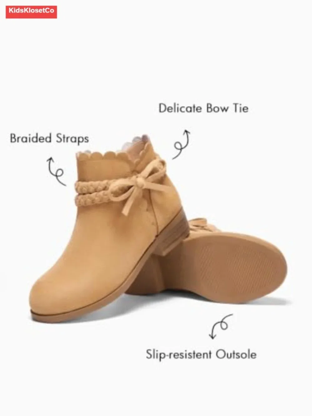 Girls Bow Ankle Boots Low Heel Zip Booties Faux Suede Braided Strap Dress Shoes